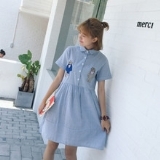 Sign 2016 summer new Korean cartoon embroidery short-sleeved striped dress  T1DE707