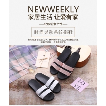 2018最新款简约条纹草编纹理PVC底家居室内外情侣拖鞋